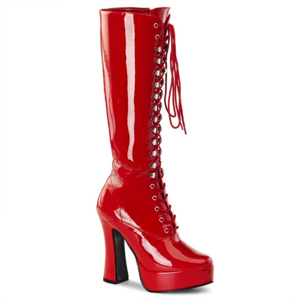 Pleaser Electra-2020 Red Patent Lace Up Chunky Heel Retro GOGO Boot